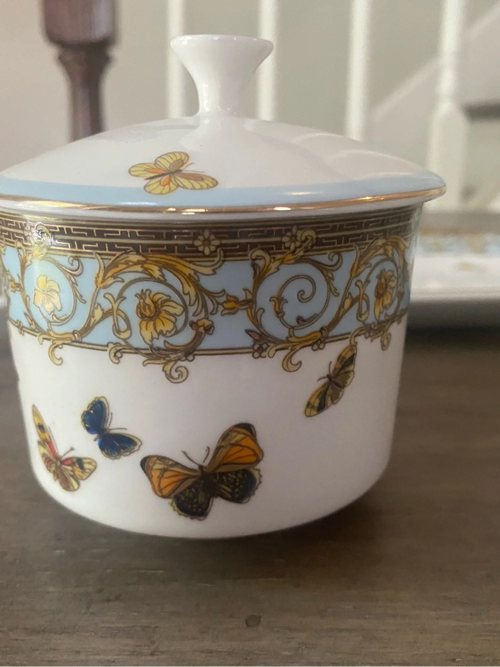 Grace's Teaware Butterflies with Blue Creamer Sugar Bowl Tray Set EUC!